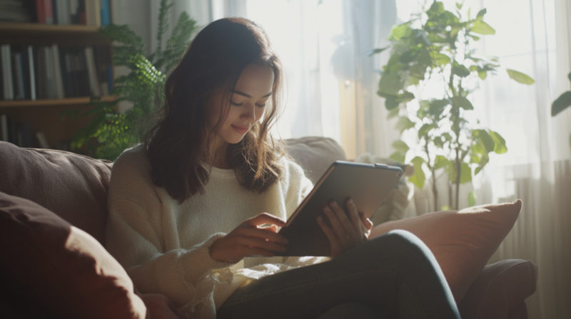 A Woman Using a Tablet, Browsing Through an App Similar to Pinterest