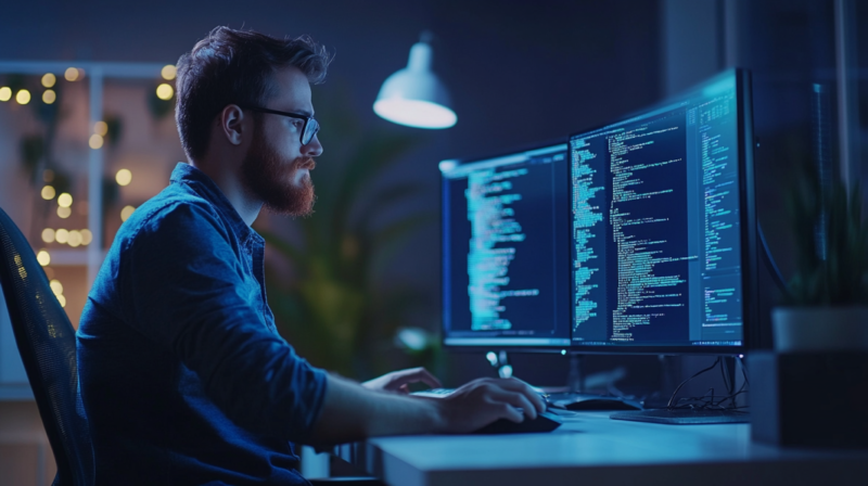 A Software Engineer Working at A Desk, Intently Looking at A Computer Monitor with Code or Software Development on The Screen