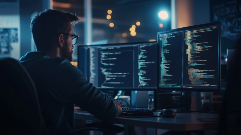 A Software Engineer Working at A Computer Desk, Focused on Coding or Software Development