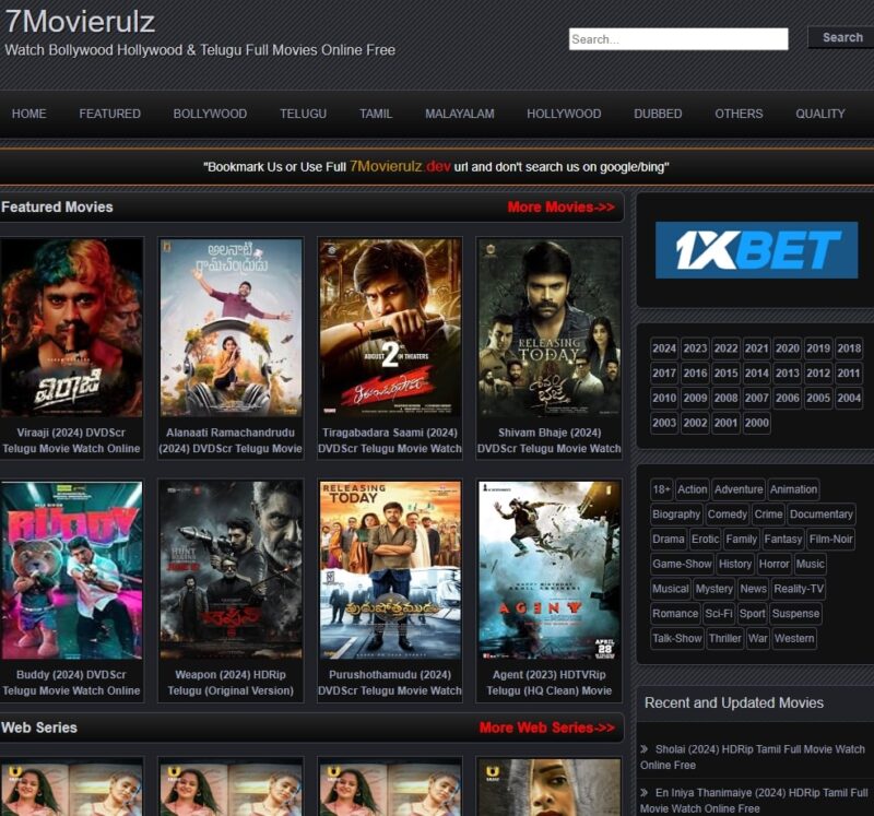 Screenshot of the website 7movierulz