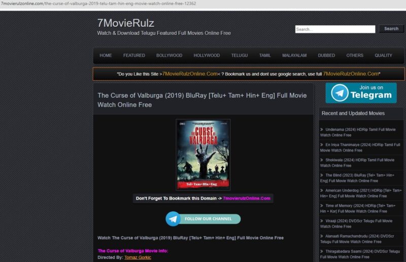 A screenshot of the 7movierulzonline website for watching movies