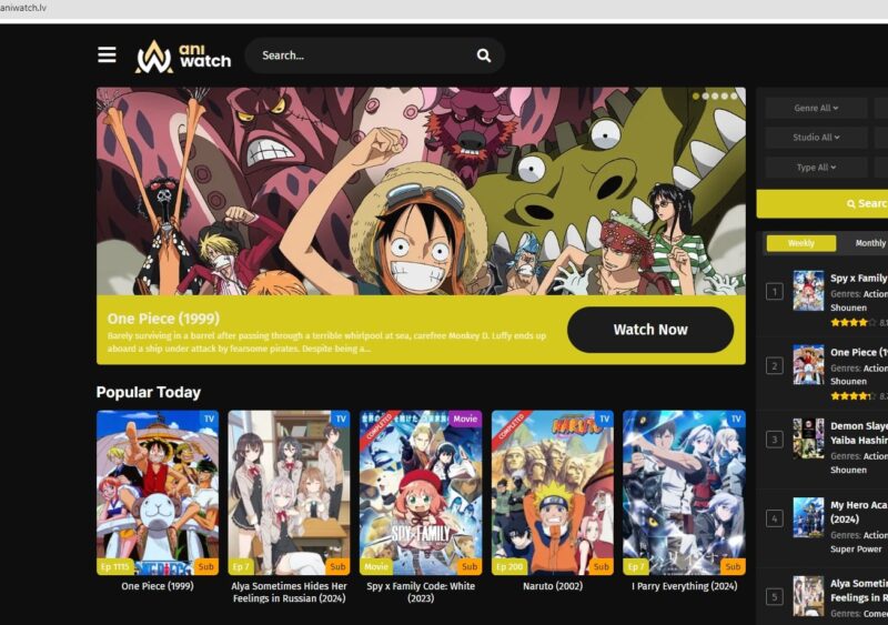 Screenshot of the Aniwatch-lv website page