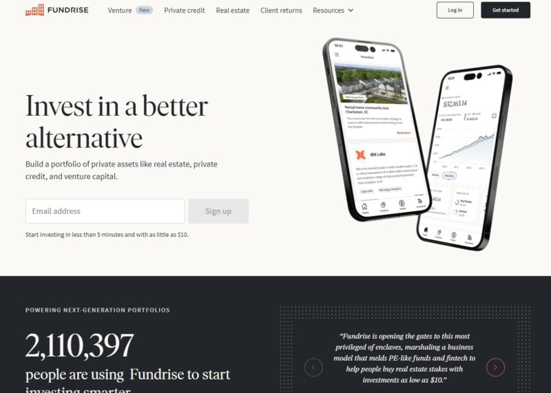 A screenshot of the Fundrise platform website