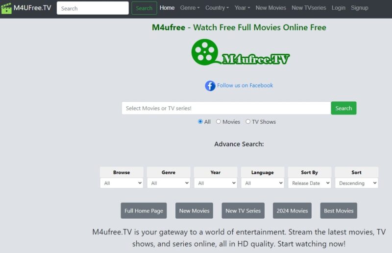 Screenshot of the M4UFree Platform for Free Movies website page