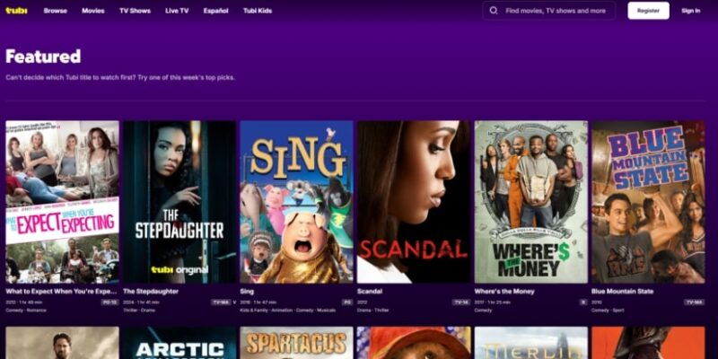 Screenshot of the Tubi TV website page