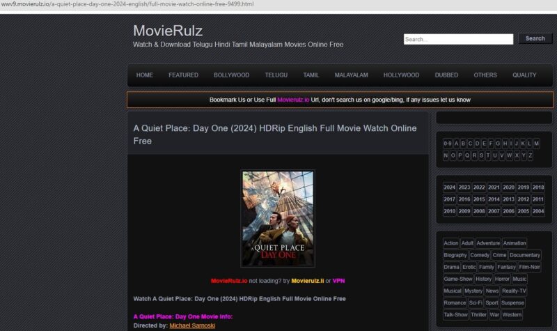 A screenshot of the movierulz.io website for watching movies