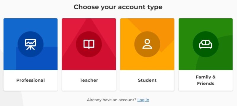 Part of the account creation process on Kahoot - Choosing your account type