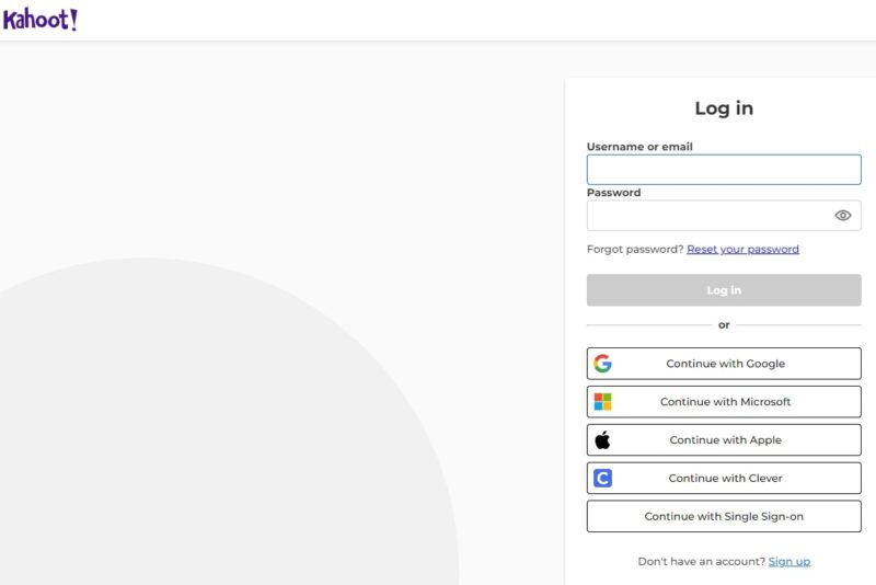 Kahoot Log In Page where you should enter your information