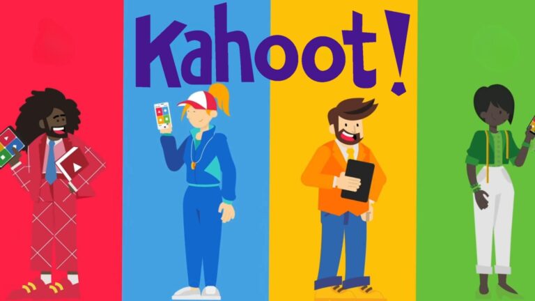 Four animated characters solving a quiz on Kahoot