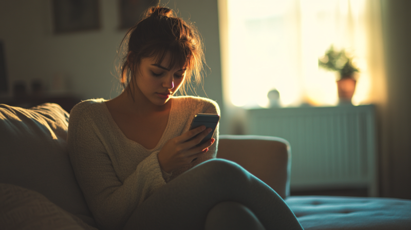 A Woman Sitting on A Couch, Using Her Phone, Representing the Use of Burner Emails and Phone Numbers for Privacy