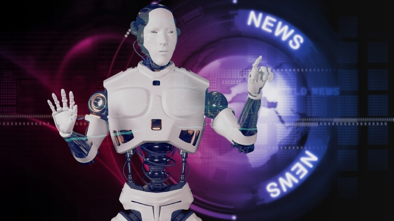 A Robot Standing in Front of A "News" Graphic