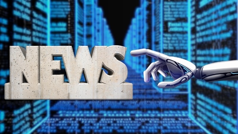 A Robotic Hand Reaching Towards the Word "News" Symbolizes the Increasing Role of AI in Modern Journalism, Highlighting the Concept of News Being "Written by Machines"