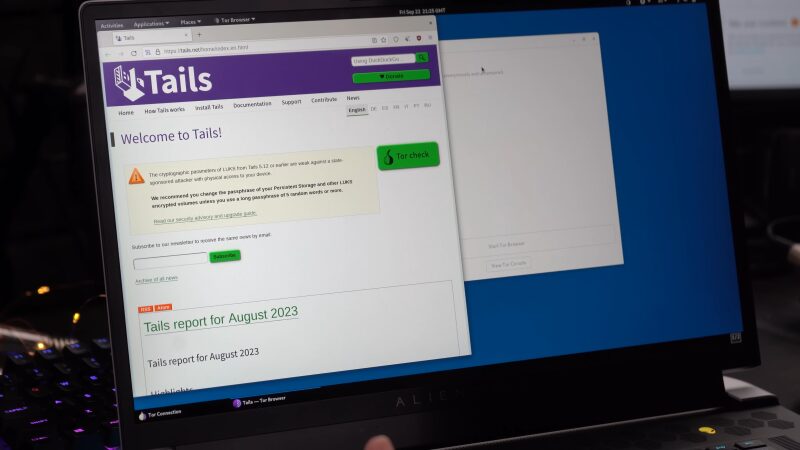 A Laptop Screen Showing the Tails Operating System and Tor Browser