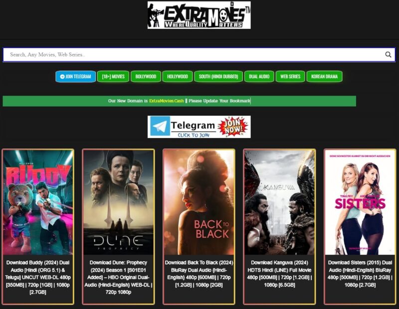 Screenshot of the Extra Movies website