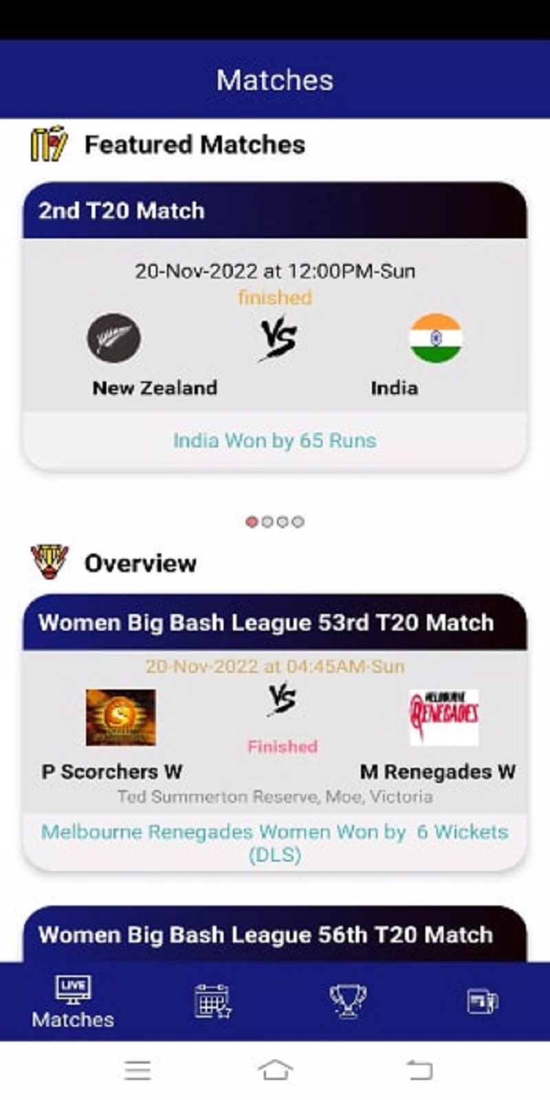 Dashboard of the Touchcric mobile app