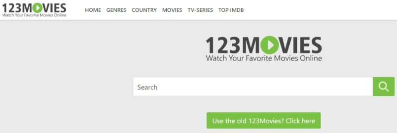 Screenshot of the 123Movies website displaying a search bar and navigation links for genres, country, movies, TV-series, and top IMDb