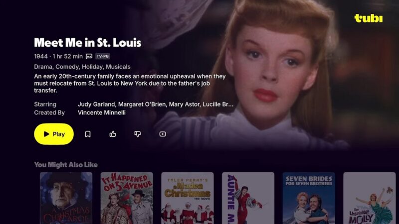 Screenshot from the Tubi streaming service featuring the movie "Meet Me in St. Louis" 