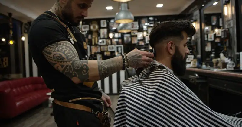 A tattooed barber in a stylish barbershop using clippers to trim a male client’s hair, who is wearing a striped barber cape